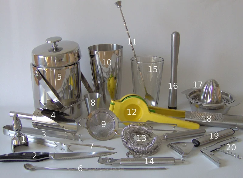 A Boston cocktail shaker and bar tools