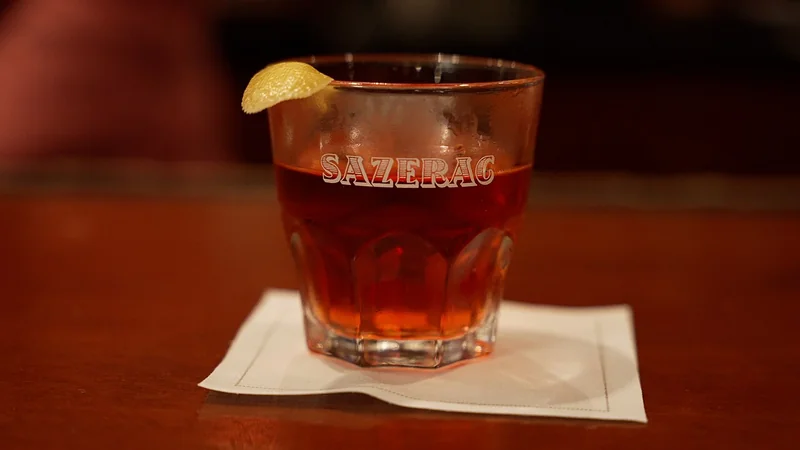 A Sazerac of rye whiskey with an absinthe rinse and Peychaud's bitters in a chilled glass