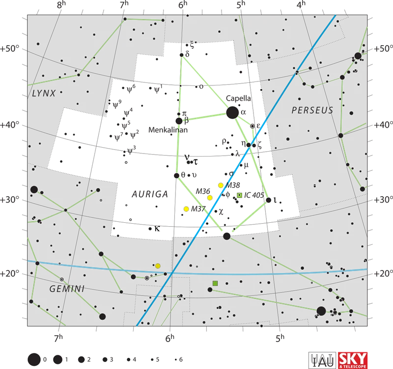 IAU official constellation map of Auriga (Aur)