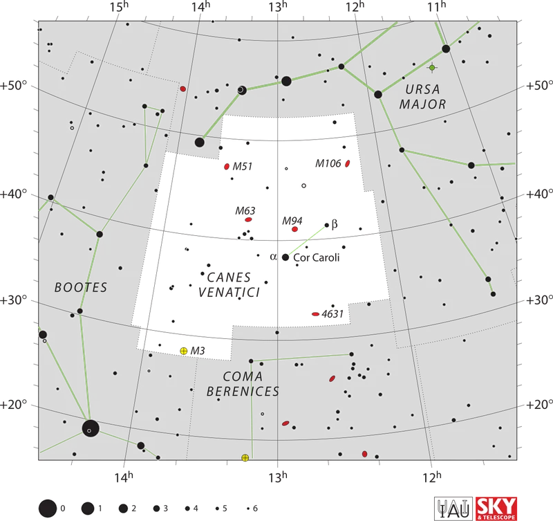 IAU official constellation map of Canes Venatici (CVn)