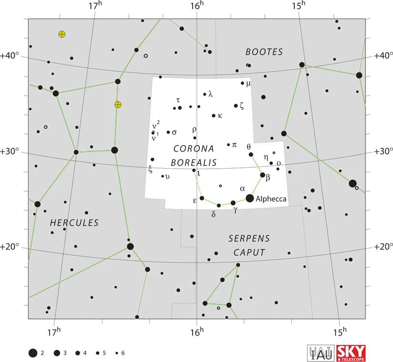 IAU official constellation map of Corona Borealis (CrB)