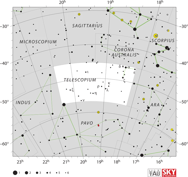 IAU official constellation map of Telescopium (Tel)