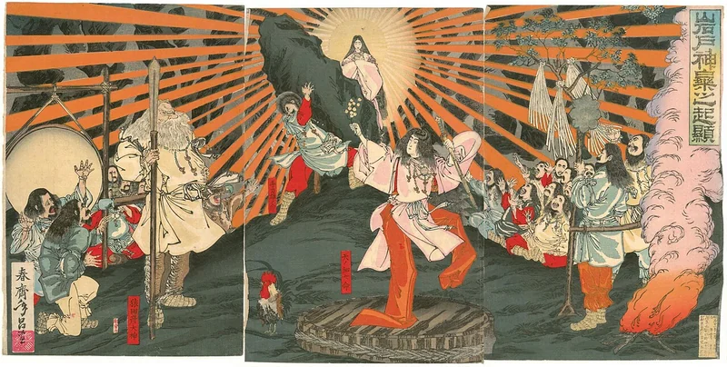 Ame-no-Uzume's cave door dance, woodblock print by Shunsai Toshimasa, 1889