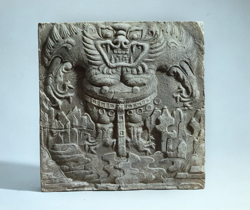 Landscape and Dokkaebi design earthenware tile, Baekje period, c. 7th century