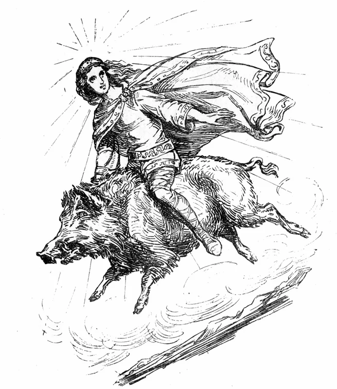 Freyr riding Gullinbursti, illustration from Norse mythology