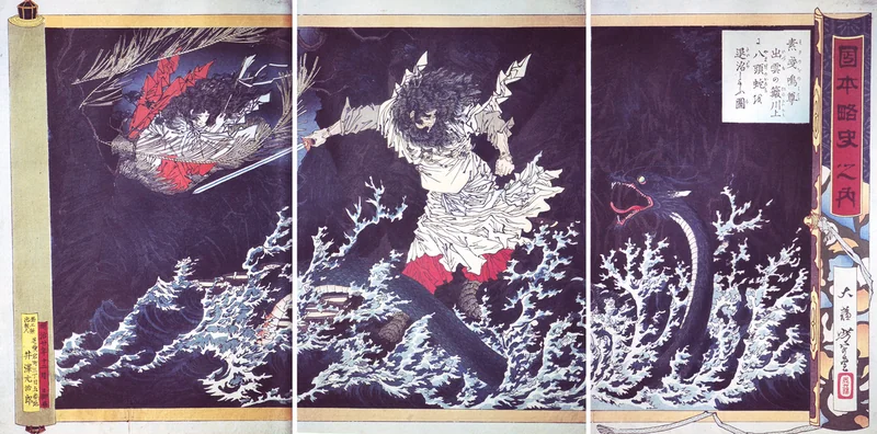 Susanoo slaying the eight-headed Yamata-no-Orochi by Tsukioka Yoshitoshi, 1887