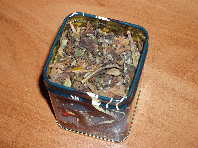 Shou Mei white tea loose leaves showing mixed olive, brown, and white tones