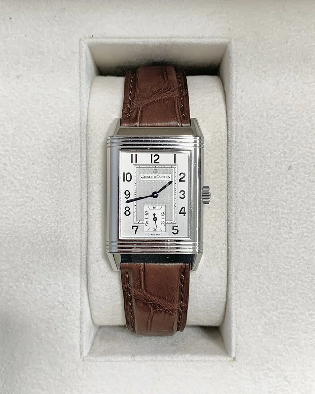 Jaeger-LeCoultre Reverso showing the Art Deco rectangular case with ribbed sides and plain protective back