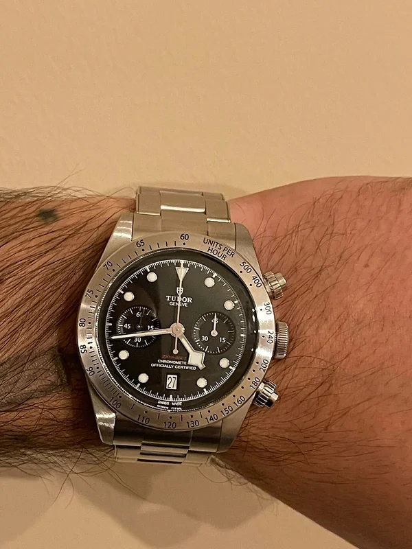 Tudor Black Bay dive watch with burgundy bezel, snowflake hands, and domed crystal