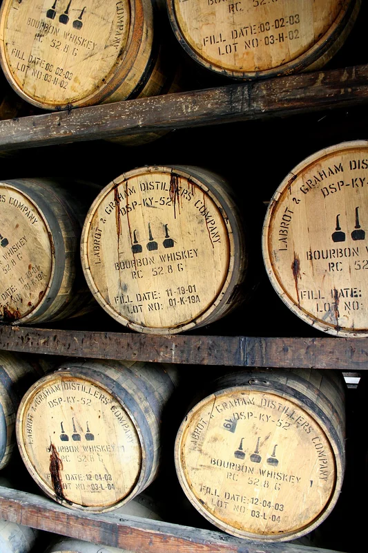 Charred oak barrels of Kentucky bourbon