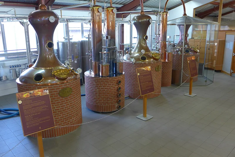 Copper pot stills in a malt whisky still house